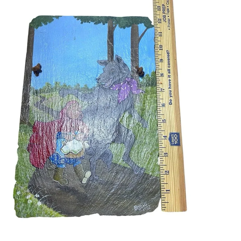 Vintage Hand Painted Little Red Riding Hood Wolf Slate Rock Wall Hanging Decor